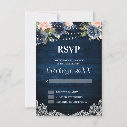 Navy Blue Blush Blues Rustikal String Light UAWG RSVP Karte (Vorderseite)