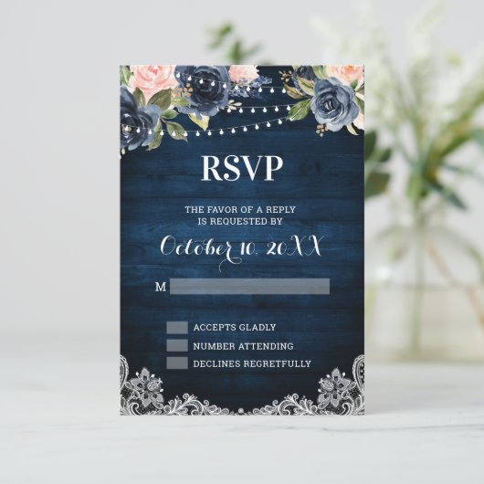 Navy Blue Blush Blues Rustikal String Light UAWG RSVP Karte (Stehend Vorderseite)