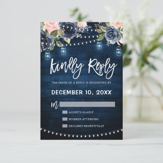 Navy Blue Blush Blues Rustikal String Light UAWG RSVP Karte (Stehend Vorderseite)