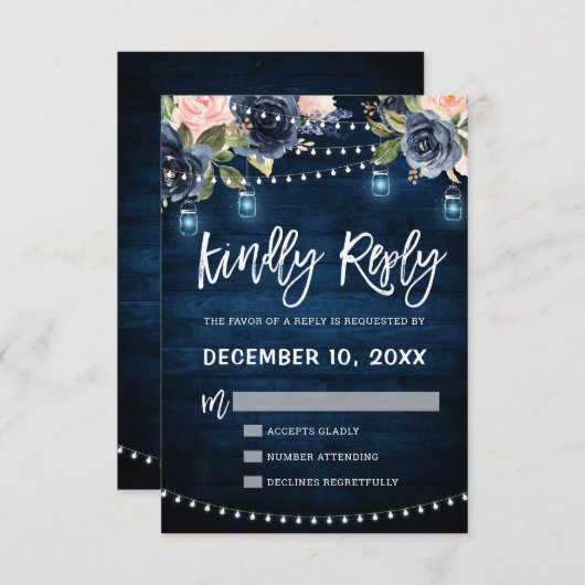 Navy Blue Blush Blues Rustikal String Light UAWG RSVP Karte (Vorne/Hinten)