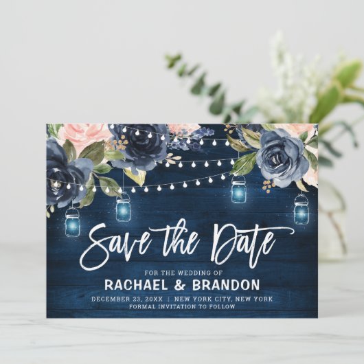 Navy Blue Blush Blues Streichlicht Save the Date (Stehend Vorderseite)