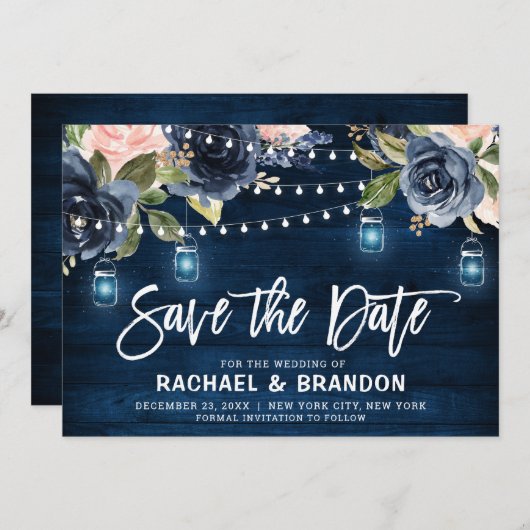 Navy Blue Blush Blues Streichlicht Save the Date (Vorne/Hinten)