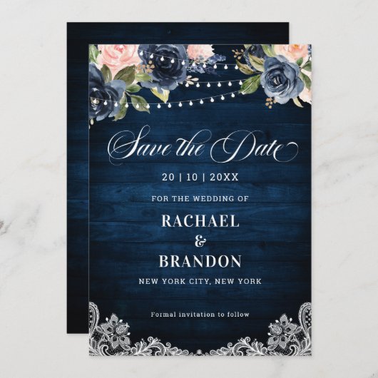 Navy Blue Blush Blues Streichlicht Save the Date (Vorne/Hinten)