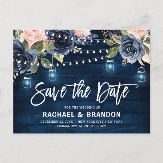 Navy Blue Blush Blues Streichlicht Save the Date Postkarte (Vorderseite)