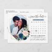 Navy Blue Blush Blumenkalender Save the Date Postkarte (Vorne/Hinten)