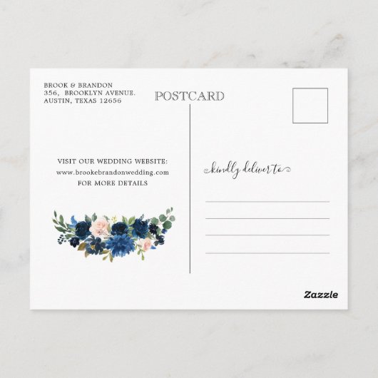 Navy Blue Blush Blumenkalender Save the Date Postkarte (Rückseite)