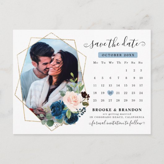 Navy Blue Blush Blumenkalender Save the Date Postkarte (Vorderseite)