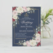 Navy Blue Blush Burgundy Floral Gold Frame Wedding Einladung (Stehend Vorderseite)