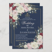 Navy Blue Blush Burgundy Floral Gold Frame Wedding Einladung (Vorne/Hinten)
