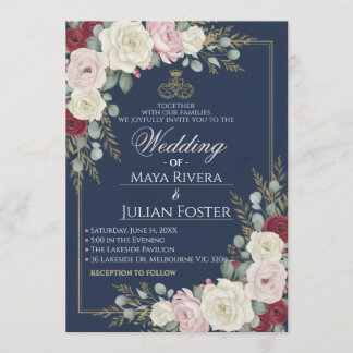 Navy Blue Blush Burgundy Floral Gold Frame Wedding Einladung