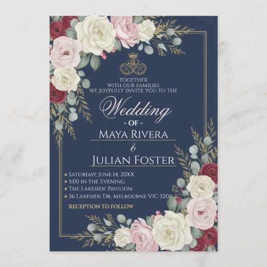 Navy Blue Blush Burgundy Floral Gold Frame Wedding Einladung (Vorderseite)