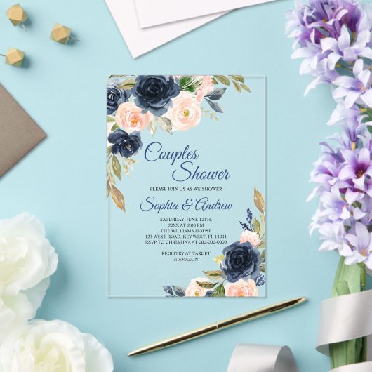Navy Blue & Blush Floral Couples Shower Invitation Acryleinladungen (In Situ (Hochzeit))