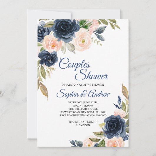 Navy Blue & Blush Floral Couples Shower Invitation Einladung (Vorderseite)