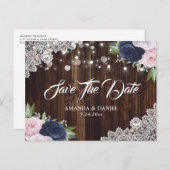 Navy Blue Blush Floral Save the Date Postkarte (Vorne/Hinten)