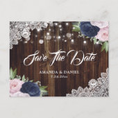 Navy Blue Blush Floral Save the Date Postkarte (Vorderseite)