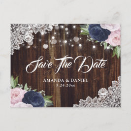 Navy Blue Blush Floral Save the Date Postkarte