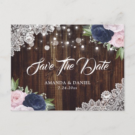 Navy Blue Blush Floral Save the Date Postkarte (Vorderseite)