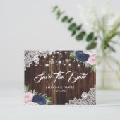 Navy Blue Blush Floral Save the Date Postkarte (Stehend Vorderseite)