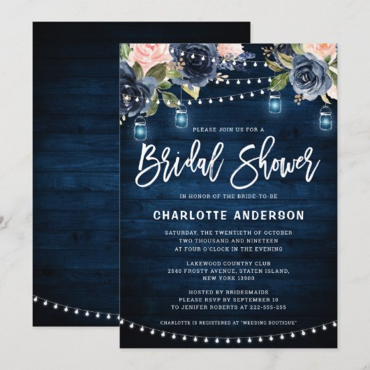 Navy Blue Blush Floral String Light Brautparty Einladung (Vorne/Hinten)