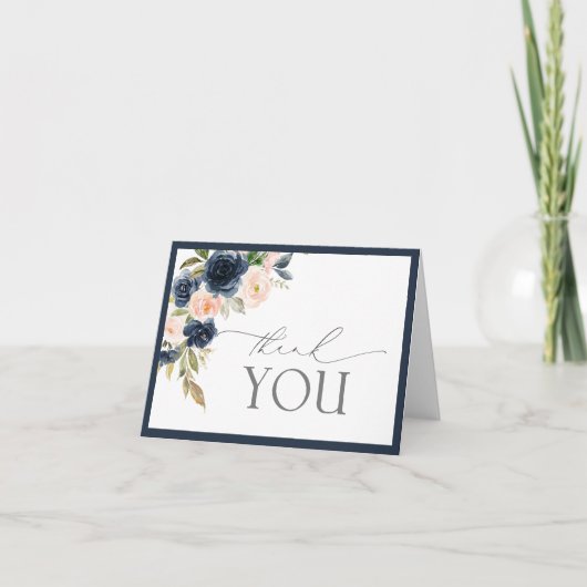 Navy Blue & Blush Floral Wasserfarbe Danke Karte (Vorderseite)