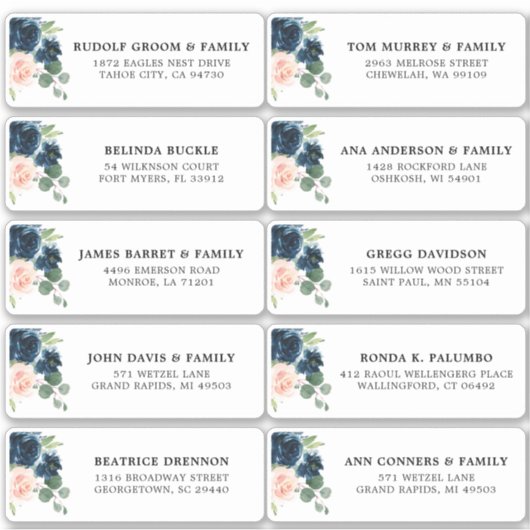 Navy Blue Blush Floral Wedding Guest Address Aufkleber (Vorderseite)