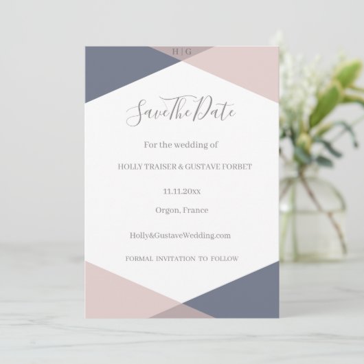 Navy Blue Blush Monogram Save the Date Hochzeit Einladung (Stehend Vorderseite)