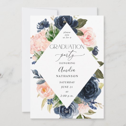 Navy Blue & Blush Pink Blues Graduation Party Einladung (Vorderseite)
