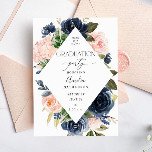 Navy Blue & Blush Pink Blues Graduation Party Einladung