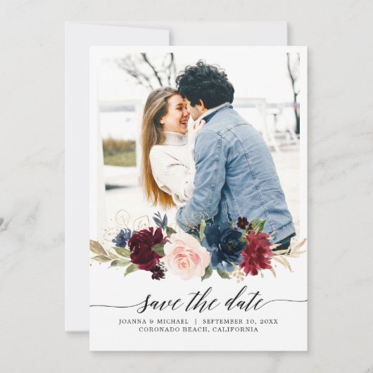 Navy Blue Blush Pink Burgundy Rose Foto Save The Date (Vorderseite)