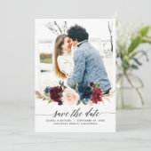 Navy Blue Blush Pink Burgundy Rose Foto Save The Date (Stehend Vorderseite)