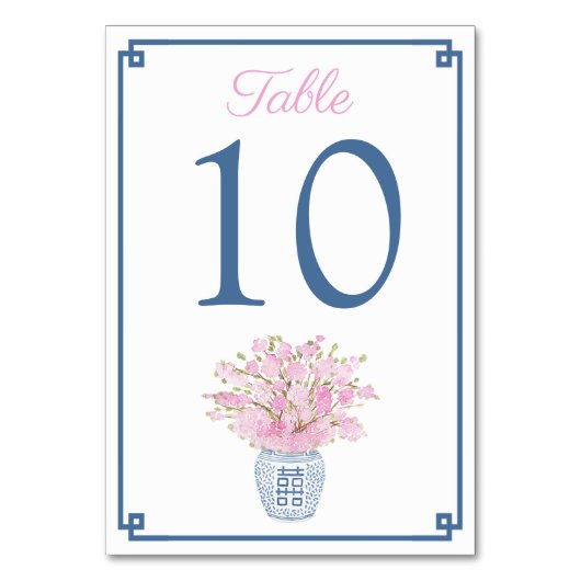 Navy Blue & Blush Pink Chinoiserie Chic Wedding Tischnummer (Vorderseite)
