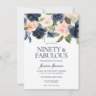 Navy Blue Blush Pink Floral 90. Geburtstagsparty Einladung