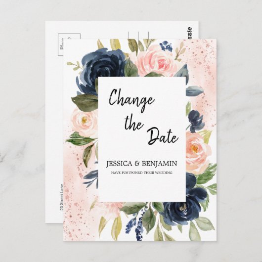 Navy Blue Blush Pink Floral Ändern Datum Postkarte (Vorne/Hinten)