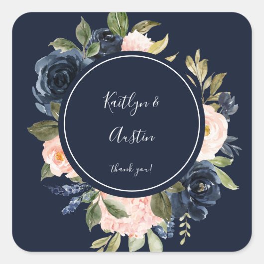 Navy Blue & Blush Pink Floral Danke - Navy Quadratischer Aufkleber (Vorderseite)