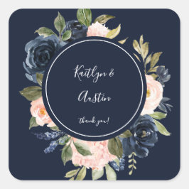 Navy Blue & Blush Pink Floral Danke - Navy Quadratischer Aufkleber