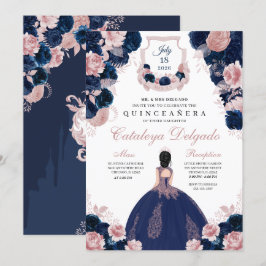 Navy Blue & Blush Pink Floral Elegante Quinceañera Einladung
