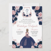 Navy Blue & Blush Pink Floral Elegante Quinceañera Einladung (Vorderseite)