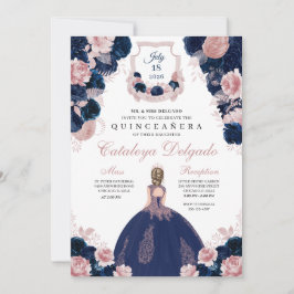 Navy Blue & Blush Pink Floral Elegante Quinceañera Einladung