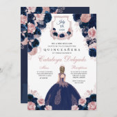 Navy Blue & Blush Pink Floral Elegante Quinceañera Einladung (Vorne/Hinten)