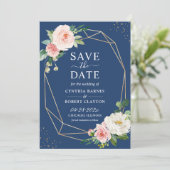 Navy Blue Blush Pink Floral Stilvoll Gold geometri Save The Date (Stehend Vorderseite)