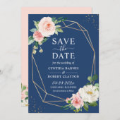 Navy Blue Blush Pink Floral Stilvoll Gold geometri Save The Date (Vorne/Hinten)