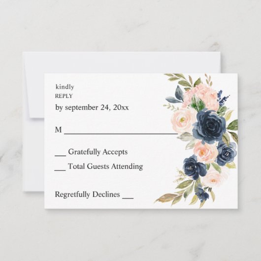 Navy Blue & Blush Pink Floral UAWG RSVP Karte (Vorderseite)