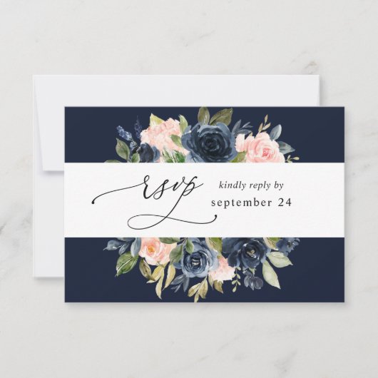 Navy Blue & Blush Pink Floral w Meal UAWG - Navy RSVP Karte (Vorderseite)