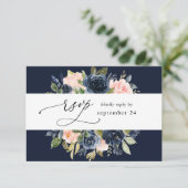 Navy Blue & Blush Pink Floral w Meal UAWG - Navy RSVP Karte (Stehend Vorderseite)
