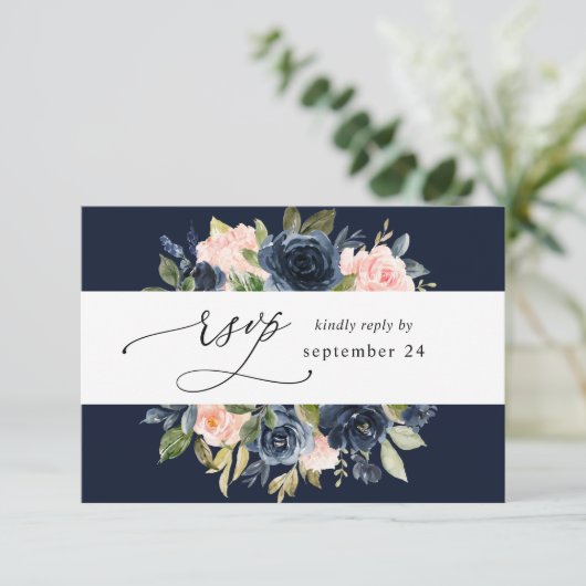 Navy Blue & Blush Pink Floral w Meal UAWG - Navy RSVP Karte (Stehend Vorderseite)