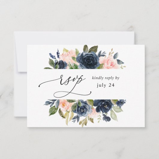 Navy Blue & Blush Pink Floral w Meal UAWG RSVP Karte (Vorderseite)