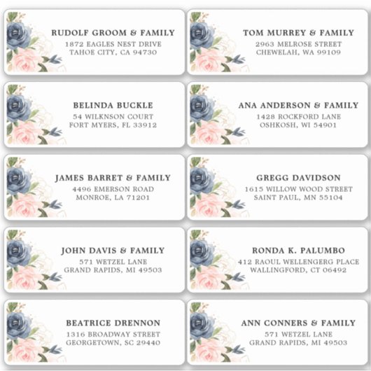 Navy Blue Blush Pink Floral Wedding Guest Address Aufkleber (Vorderseite)