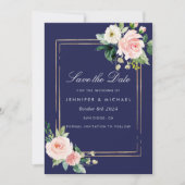 Navy Blue Blush Pink Gold Save the Date Einladung (Vorderseite)