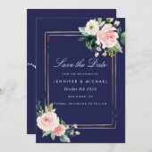 Navy Blue Blush Pink Gold Save the Date Einladung (Vorne/Hinten)