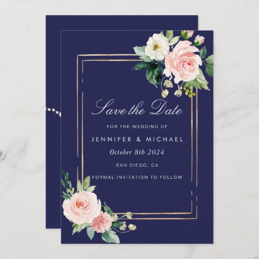 Navy Blue Blush Pink Gold Save the Date Einladung (Vorne/Hinten)